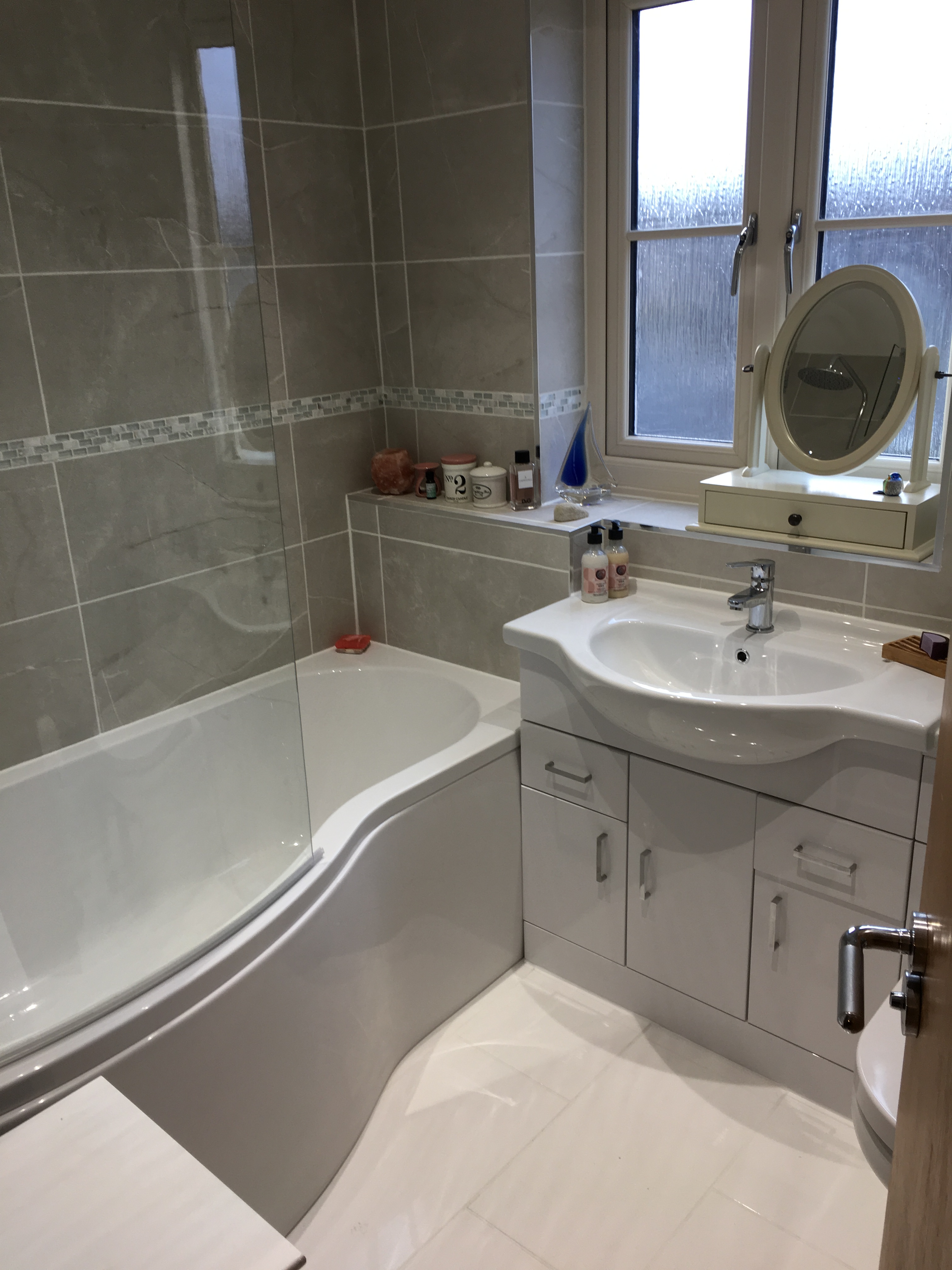 Apollo Design Bathroom Installation And Wet Room White Units To Match The P Shape Bath And Floor Tiles We Also Ed Four Down Lights In Ceiling Think It Worked Very Well